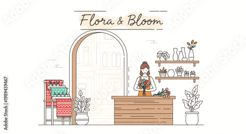 A woman standing behind a wooden counter in a plant shop with shelves and plants around her.