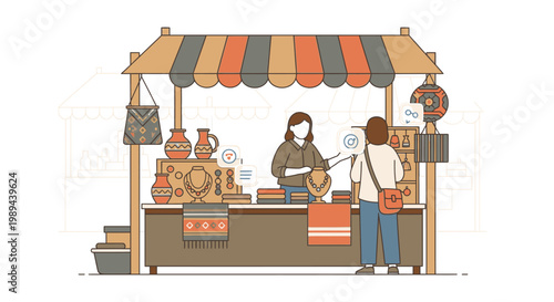 Illustration of a vendor and customer at a market stall with various goods under a colorful awning on a white background.