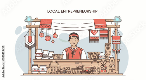 Illustration of a vendor standing behind a market stall with various goods on display under a sign reading 'LOCAL ENTREPRENEURSHIP'.