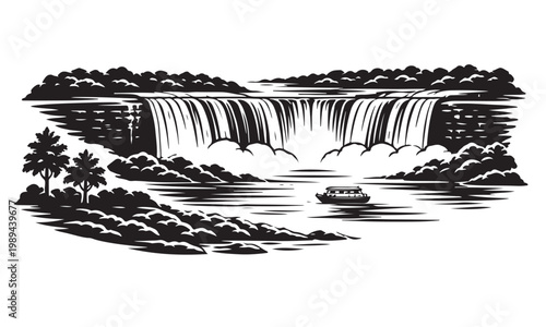 Cuadro en lienzo Niagara Falls Landscape Silhouette, Silhouette Vector, Isolated on White Backgro