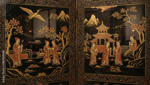 Antique Coromandel lacquer screen texture with carved gold and red cinnabar