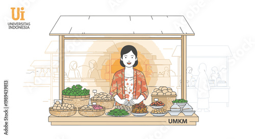 Illustration of a woman sitting behind a food stall with various products on display in a simple, cartoon style with warm tones.
