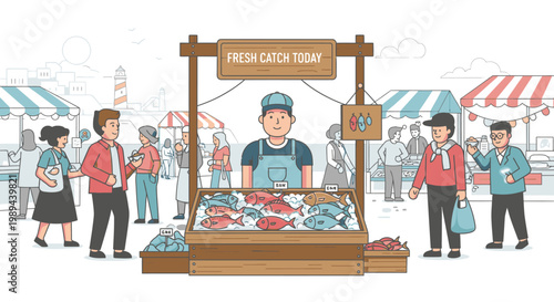 Illustration of a fishmonger standing behind a colorful seafood stand at an outdoor market with customers and other vendors in the background.