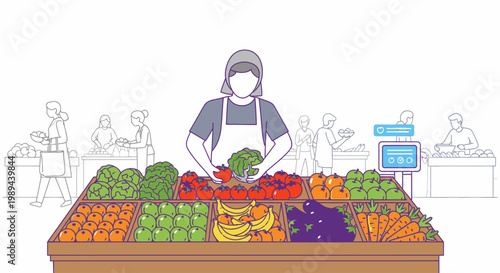 Illustration of a vendor arranging colorful vegetables on a market stall with people in the background in a vibrant and lively setting.