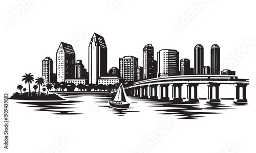 Cuadro en lienzo San Diego Skyline Silhouette, Silhouette Vector, Isolated on White Background