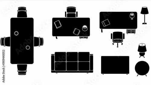 Various 2D AutoCAD icons of furniture and household items on a clean surface