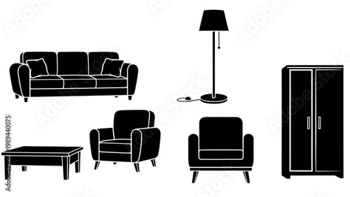 2D AutoCAD icons of furniture set including sofa, armchairs, and cabinet