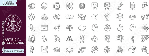 Artificial intelligence line icons set editable stroke AI machine learning neural network technology symbols for apps web interface UI UX infographic design