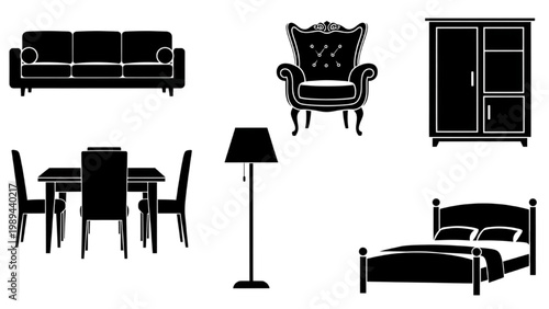 Collection of 2D AutoCAD icons featuring furniture and household items