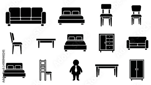 Collection of 2D AutoCAD icons for furniture and household items on white background
