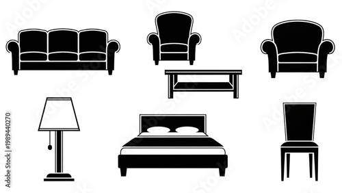2D AutoCAD icons of furniture including sofa, chair, lamp, and bed
