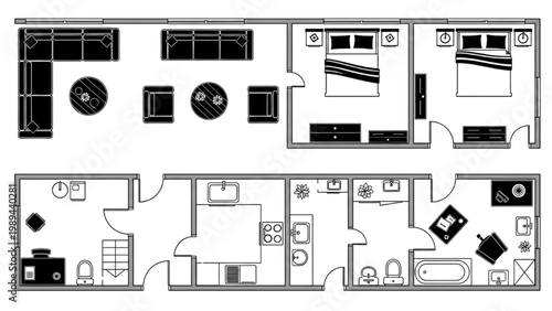 Detailed 2D AutoCAD icons showcase modern apartment floor plan with furniture