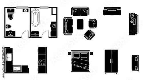 Various 2D AutoCAD icons of furniture and rooms are displayed