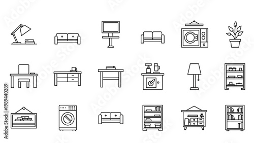 The set of 2D AutoCAD icons features various household furniture and appliances.