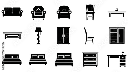 Collection of 2D AutoCAD icons featuring various furniture pieces