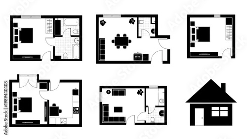 Set of 2D AutoCAD icons showing various house floor plans and a home silhouette