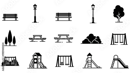 Collection of 2D AutoCAD icons for a park featuring benches, swings, and slides