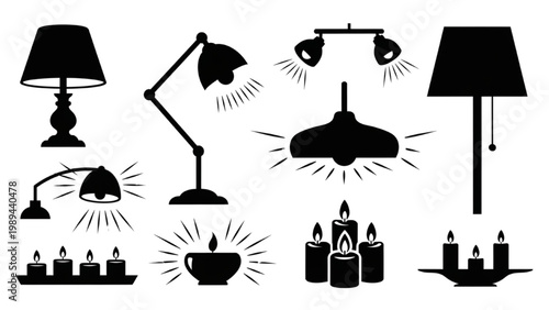 Various lamps and candles with 2D AutoCAD icons on a table indoors