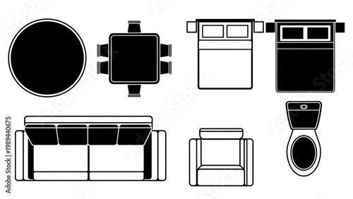 Collection of 2D AutoCAD icons for furniture and appliances in a room