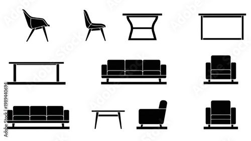 Various 2D AutoCAD icons of furniture including sofas and chairs