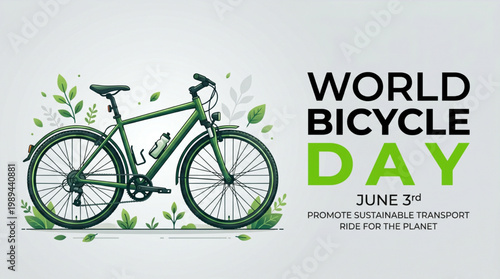 World bicycle day theme with green bike and natural leaves illustration highlighting eco friendly transport clean mobility and environmental awareness for global campaign use