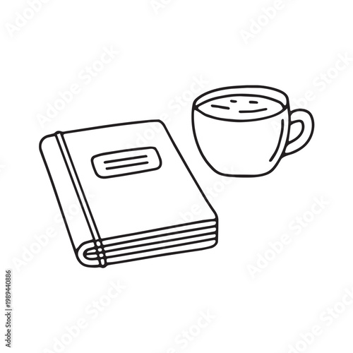 angled view espresso cup and notebook, black and white outline doodle