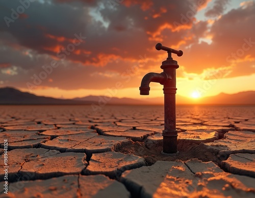 Old tap stands in cracked earth. Dry desert landscape at sunset. Arid climate crisis with scarce water resources. Global warming impact on nature.