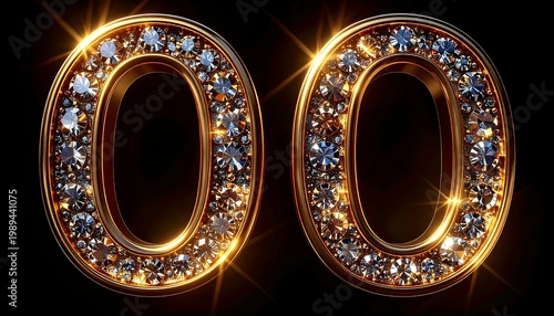 Golden Double Zero Number Encrusted With Sparkling Diamonds Luxurious 3d Render On Black Background High End Jewelry Style Illustration