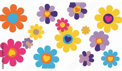 Groovy colorful daisy flowers set with heart centers retro chamomile floral vector illustration isolated on white