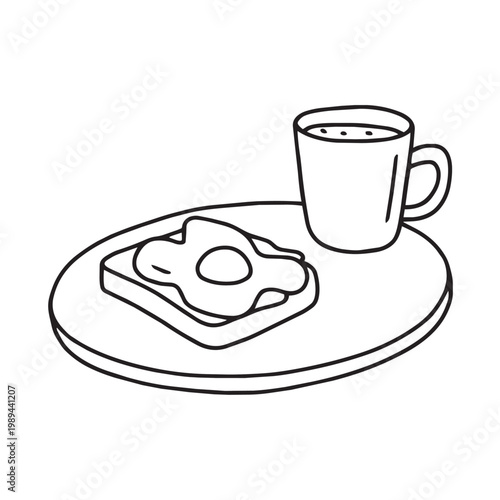 avocado toast with coffee cup, angled view on cafe table, black and white outline doo