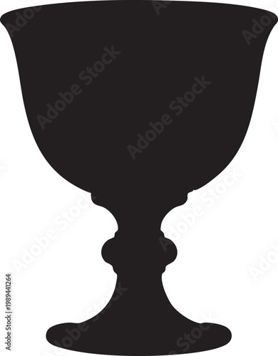 Black silhouette of a classic medieval goblet or holy grail chalice with an elegant stem and base isolated on white background for fantasy graphic designs