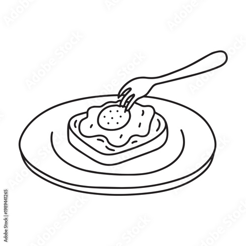 avocado toast with fork, angled view on cafe table, black and white outline doodle