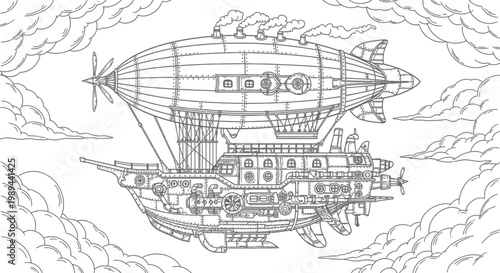 Detailed Steampunk Airship Flying in Clouds Vector Illustration for Coloring Book, Retrofuturistic Fantasy Sky Vehicle Line Art