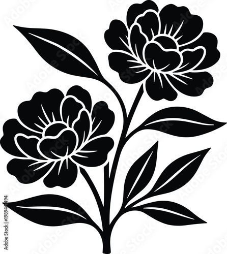 Flowering plant silhouette with two large blossoms and elongated leaves vector illustration, decorative botanical artwork design graphic - black and white floral illustration for Adobe Stock
