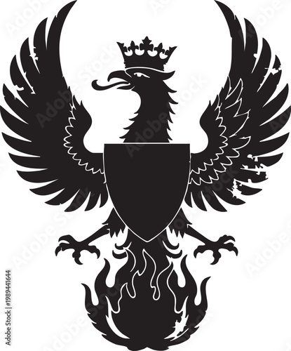 A majestic black phoenix silhouette rising from flames wearing a royal crown with a blank heraldic shield perfect for medieval crests or noble fantasy branding