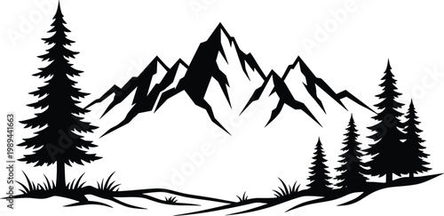 Mountain landscape silhouette with pine trees and snow-capped peaks vector illustration, wilderness nature artwork design graphic - black and white scenic illustration for Adobe Stock