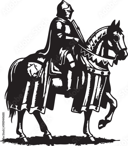 Medieval armored knight riding a horse vector illustration featuring historical plate armor and caparisoned warhorse in a monochrome silhouette style perfect for fantasy epic gaming themes