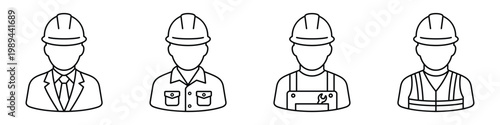 Construction worker avatars, engineers with hard hats, safety vests, and professional suits for industrial contractor line icon set
