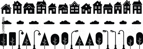 Suburban neighborhood silhouette with houses, clouds, trees, and street lamps vector illustration, residential area artwork design graphic - black and white cityscape illustration for Adobe Stock