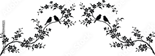 Symmetrical silhouette of birds perched on flowering branches vector illustration, decorative nature artwork design graphic - black and white ornamental illustration