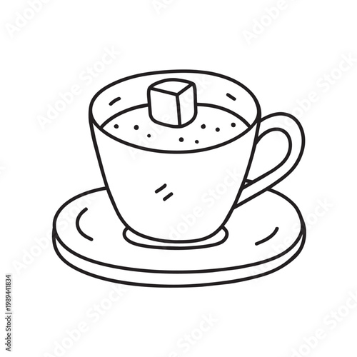cappuccino cup with sugar cube, close up on table, black and white outline doodle