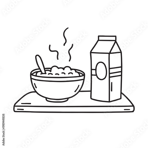 cereal bowl with milk carton, side view on kitchen counter, black and white outline doodle