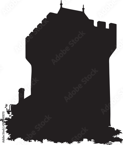 Medieval fortress keep castle silhouette with fortified stone walls and towers isolated on white background for historical architectural heritage and fantasy defense game design branding