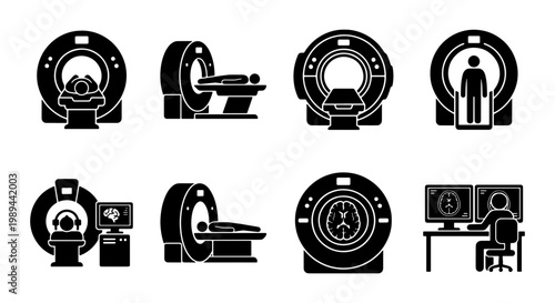 MRI scan machine icons set, medical magnetic resonance imaging equipment vectors, hospital radiology diagnostic tools, 8 black silhouette symbols