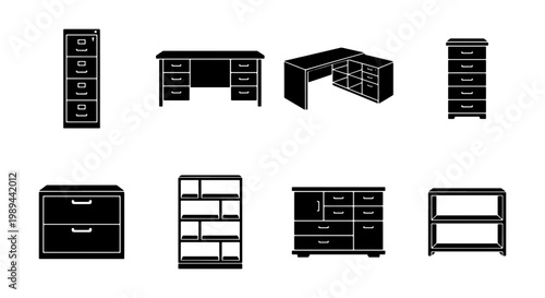 Minimalist office furniture vector icons, black silhouette desk and filing cabinet set, modern workspace storage and shelving collection, 8 professional interior elements