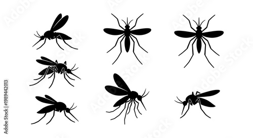 Black mosquito silhouette icons set, flying insect vector graphics, parasitic bug symbols for health and pest control infographics, 7 elements