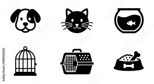 Pet shop icon set with 6 black vector elements, domestic animal care symbols, veterinary clinic graphics including dog cat fish and bird cage