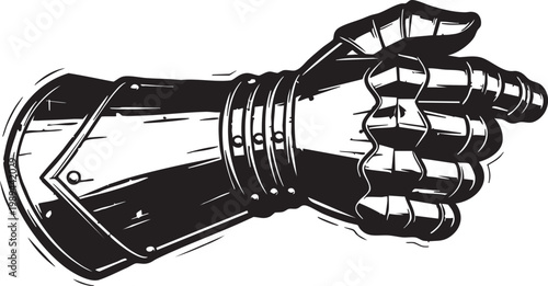 Detailed black and white engraving of a medieval knight metal gauntlet hand pointing finger direction for historical fantasy gaming or ancient heritage warrior branding conceptv