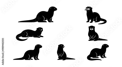 Otter silhouette vector set, black sea otter icons in various poses, aquatic mammal collection for nature logos and wildlife conservation graphics