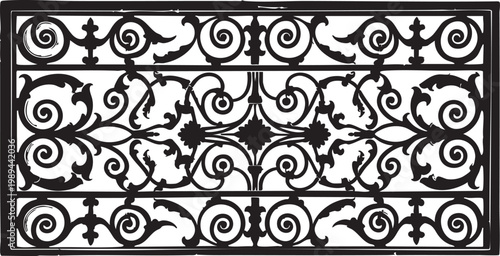 Vintage ornate wrought iron fence panel illustration featuring decorative scrollwork and classic baroque filigree patterns in monochrome black for architectural borders and antique gate design element